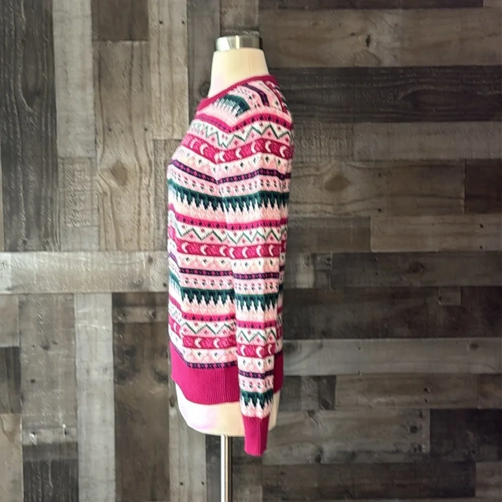 J.Crew pink green knit sweater small romantic feminine preppy holiday party